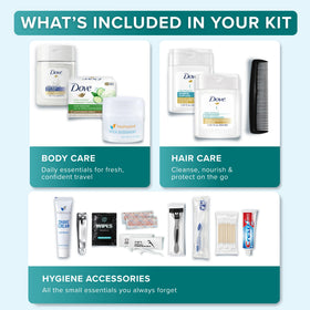 Contents of TREKTOTE Hygiene Kit including mini deodorant and shampoo