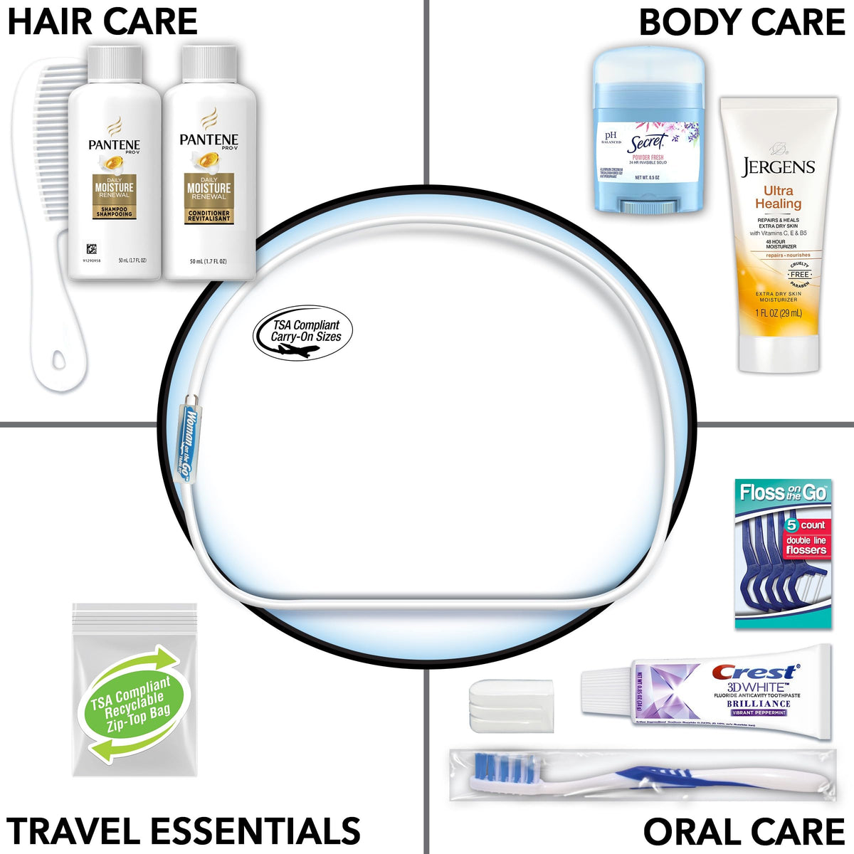 Convenience Kits International Women's Deluxe 10 Piece Kit contents laid out showing shampoo and conditioner
