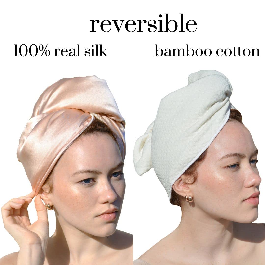 Cool Mom's Closet Pure Silk Hair Towel displayed on a bathroom counter
