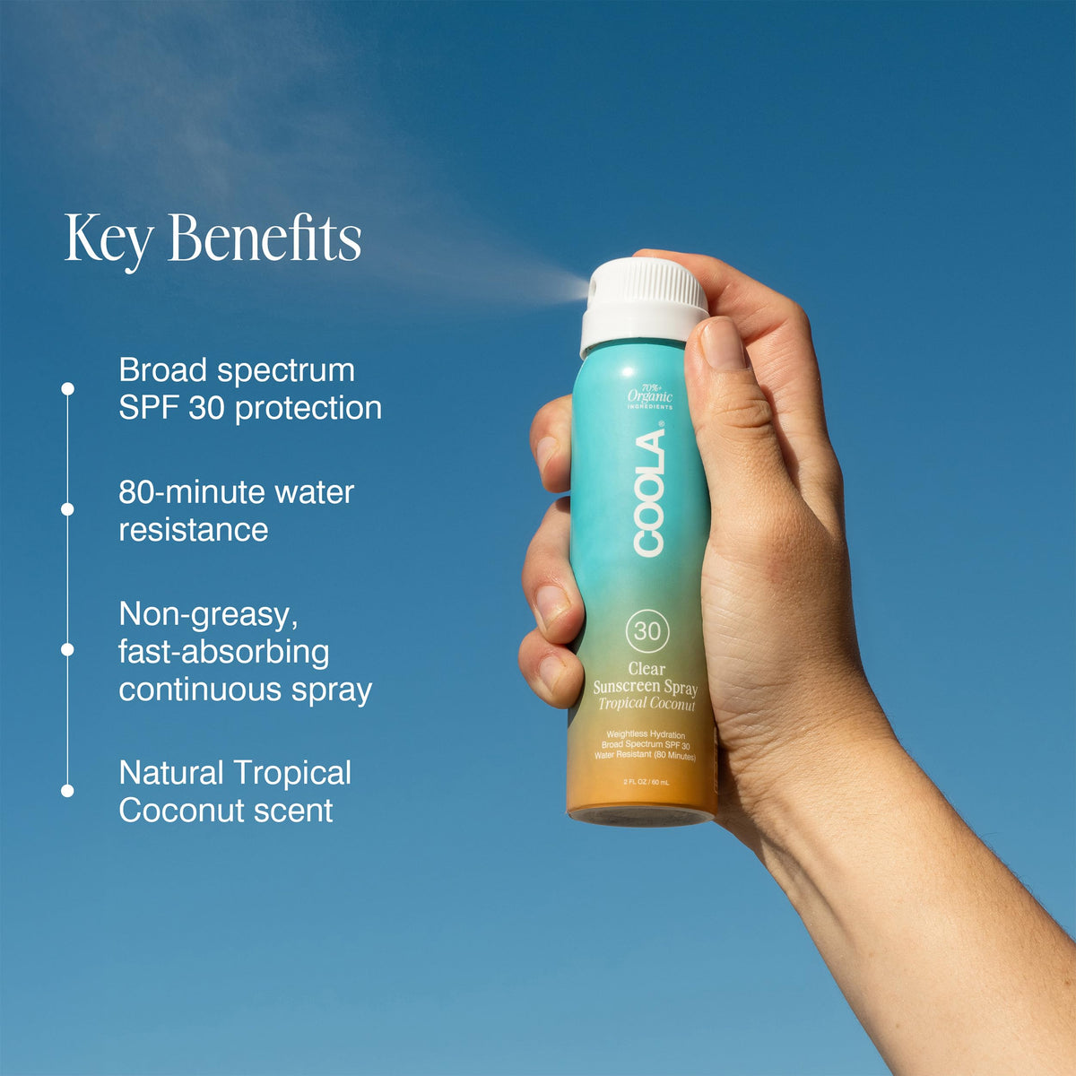 COOLA Clear Sunscreen Spray SPF 30 bottle with tropical coconut scent