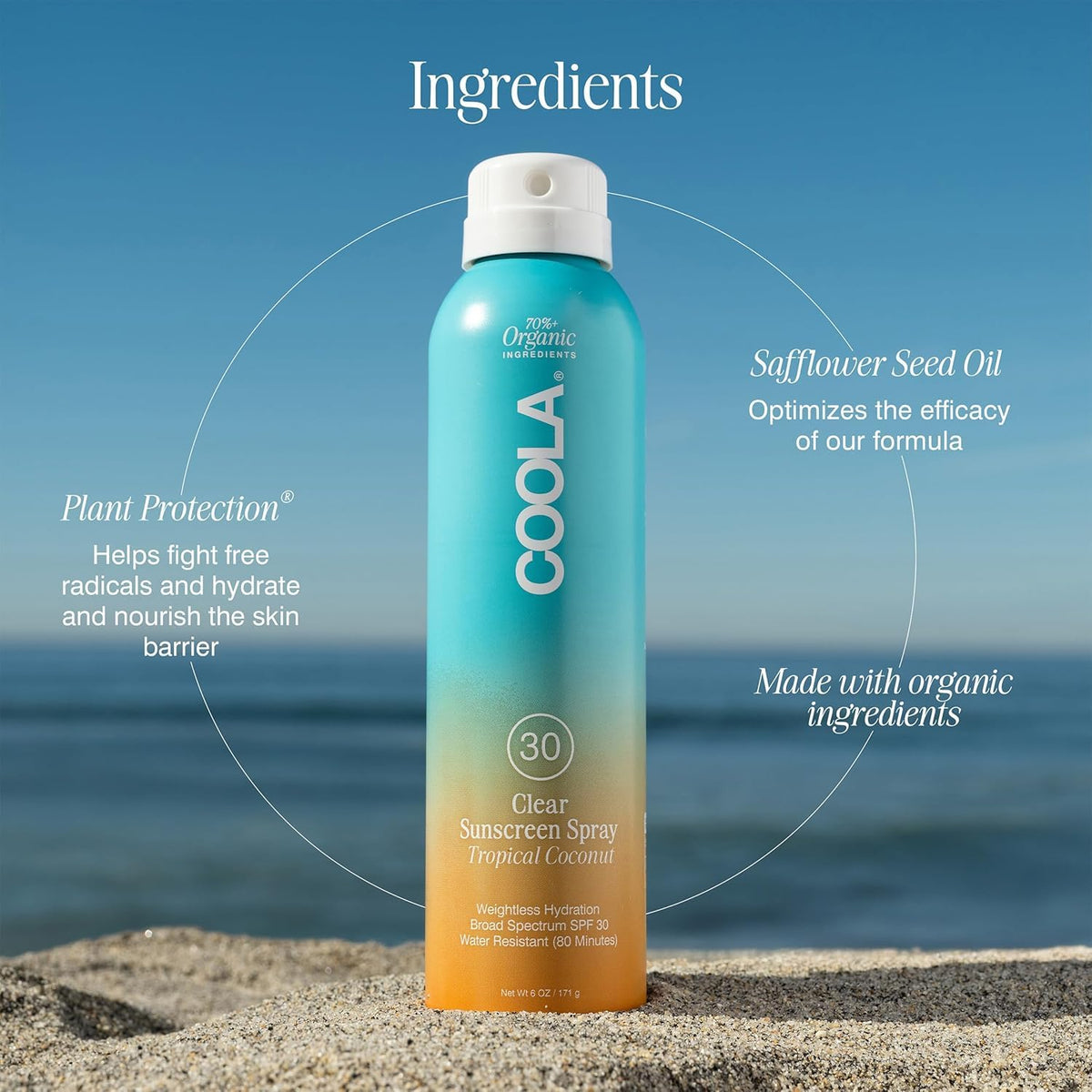 COOLA Clear Sunscreen Spray SPF 30 Tropical Coconut being applied to skin