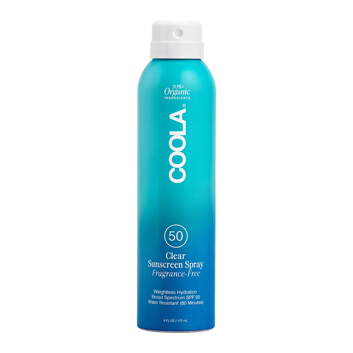 COOLA Clear Sunscreen Spray SPF 50 front view, 6 fl oz