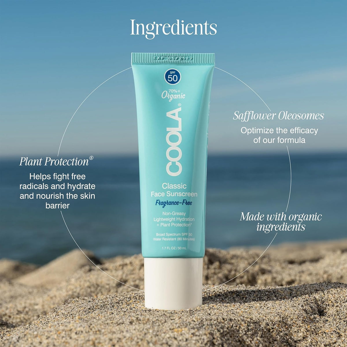 COOLA Face Sunscreen SPF 50 Lotion with natural background