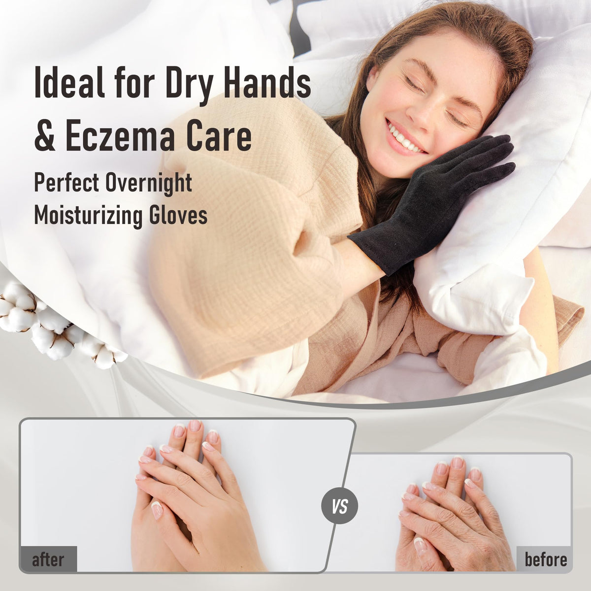 COOLJOB Cotton Moisturizing Gloves in Black, worn on hands