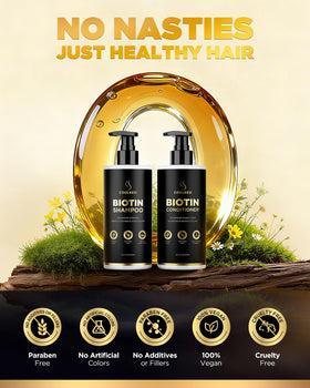 COOLKESI Biotin Hair Growth Shampoo and Conditioner in bathroom setting