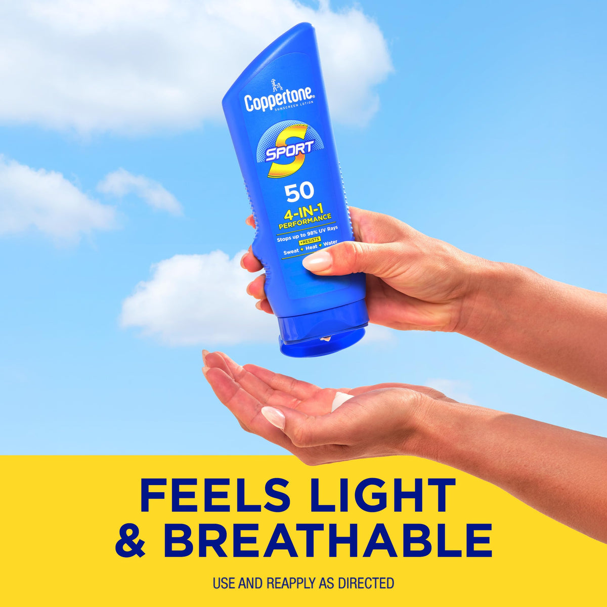 Coppertone SPORT Sunscreen Lotion SPF 50 open bottle displaying lotion texture