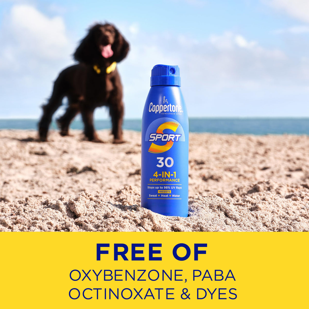 Coppertone Sport Sunscreen Spray bottle with sports gear