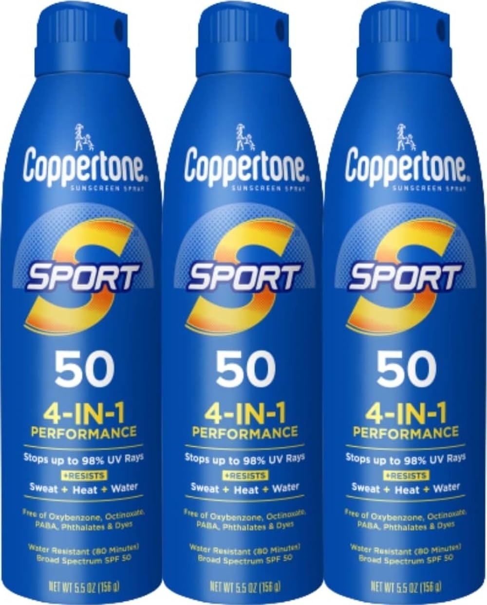 Coppertone Sport Sunscreen Spray SPF 50 three pack with 5.5 oz bottles