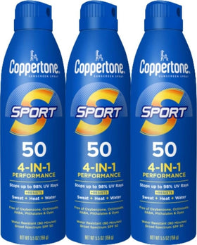 Coppertone Sport Sunscreen Spray SPF 50 three pack with 5.5 oz bottles