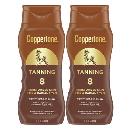 Coppertone Sunscreen Tanning Lotion SPF 8 front view of bottle