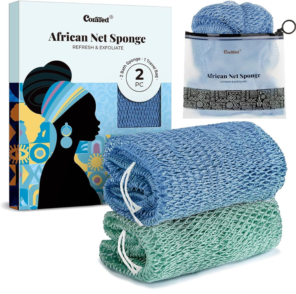 CORATED African Net Sponge front view showing elastic design