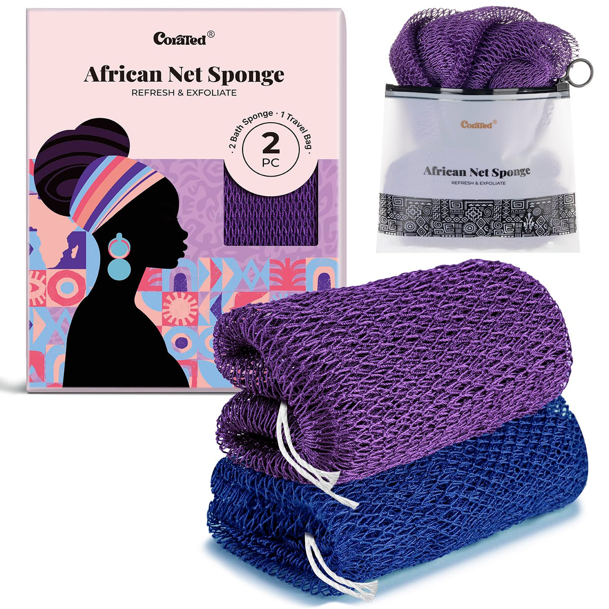 CORATED African Net Sponge front view with textured nylon mesh