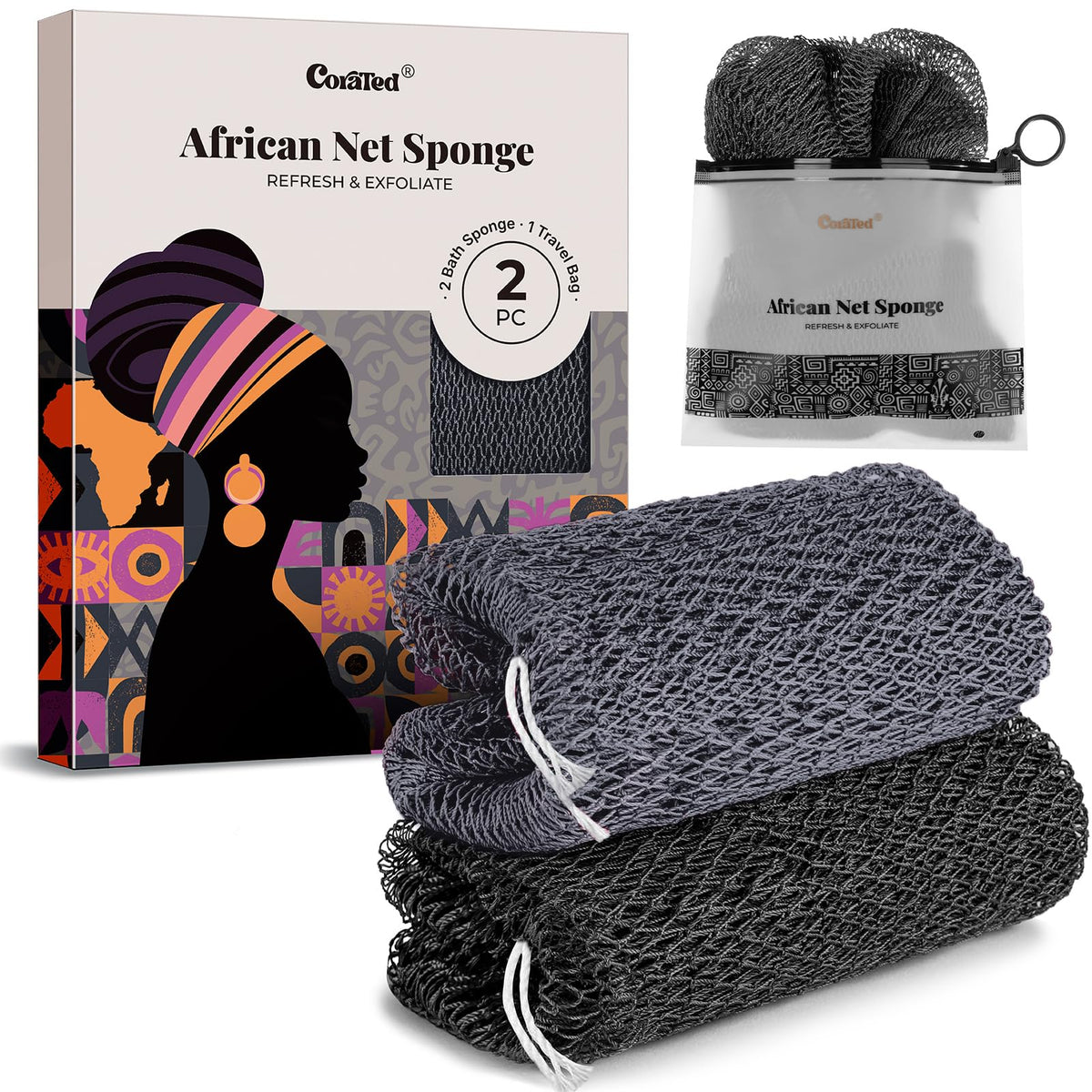 CORATED African Net Sponge front view with textured nylon mesh