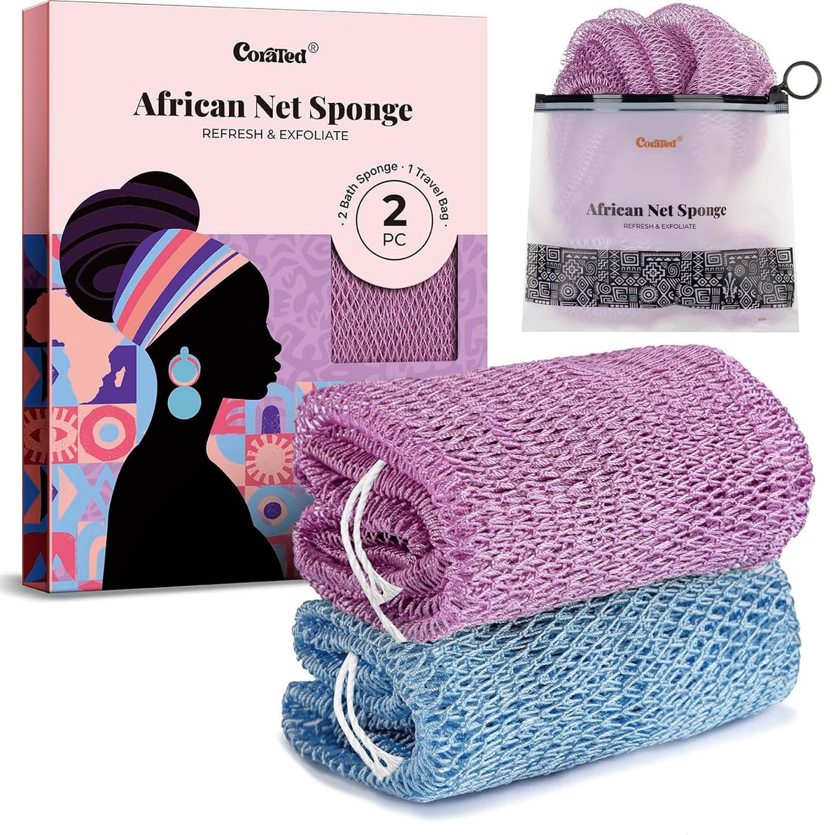 CORATED African Net Sponge front view with textured nylon mesh