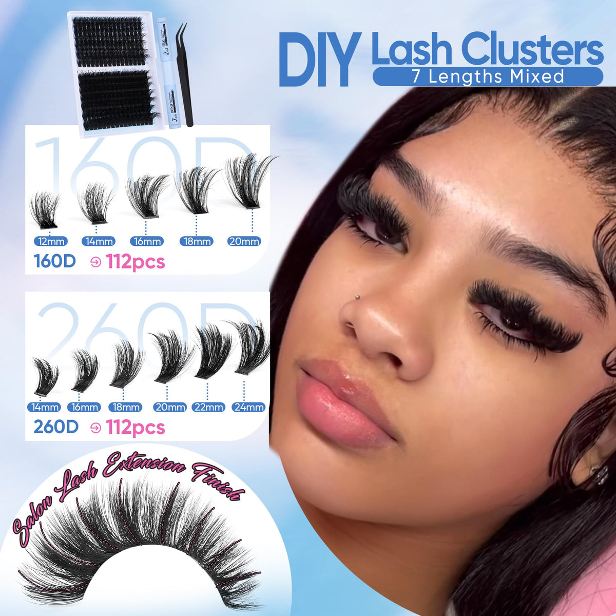 CORUSCATE Lash Clusters Kit 160D+260D displayed with lash bond and seal