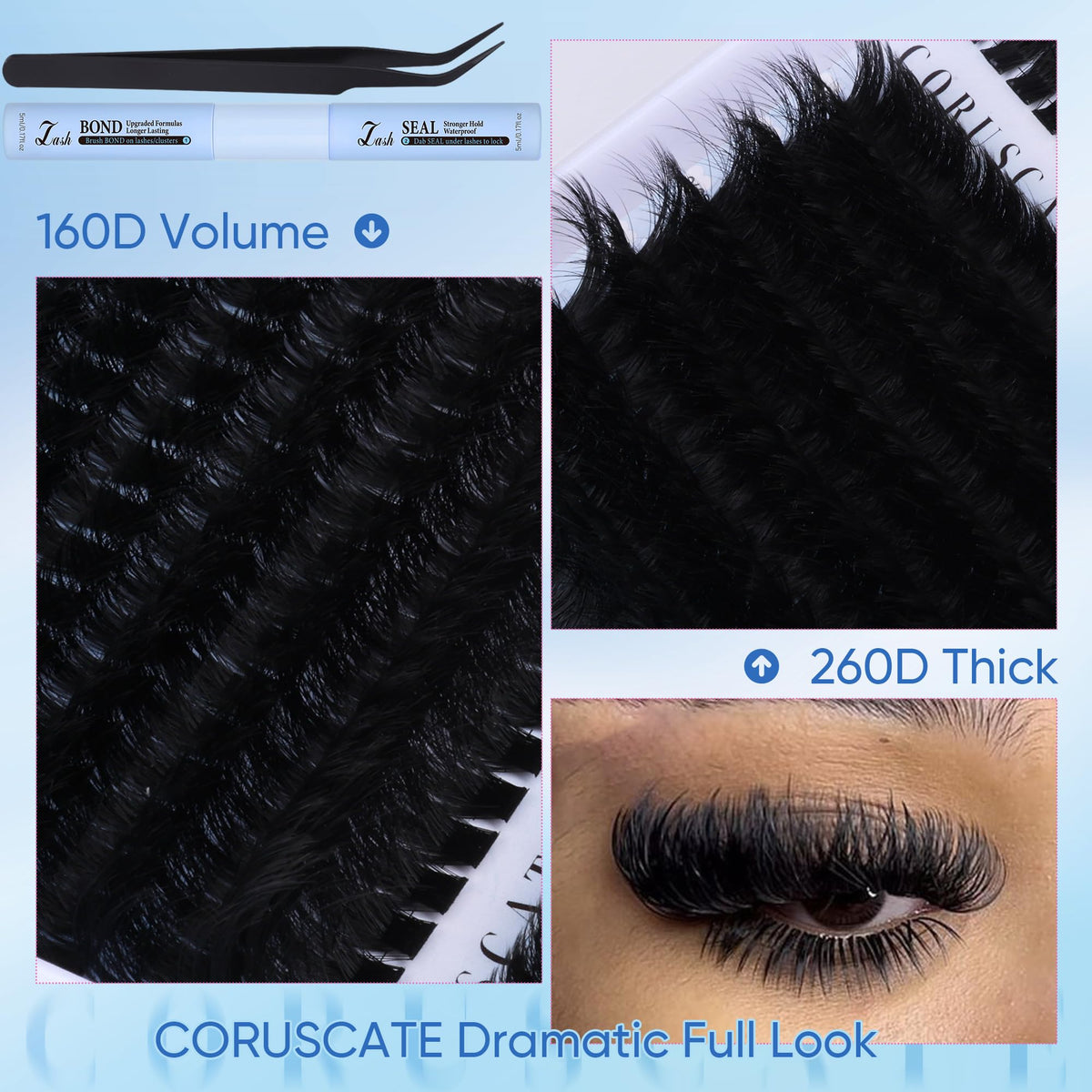 CORUSCATE Lash Clusters Kit 160D+260D lashes in various lengths
