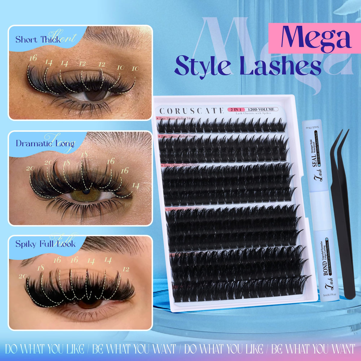 CORUSCATE lash clusters showing 14-22mm spikes in packaging