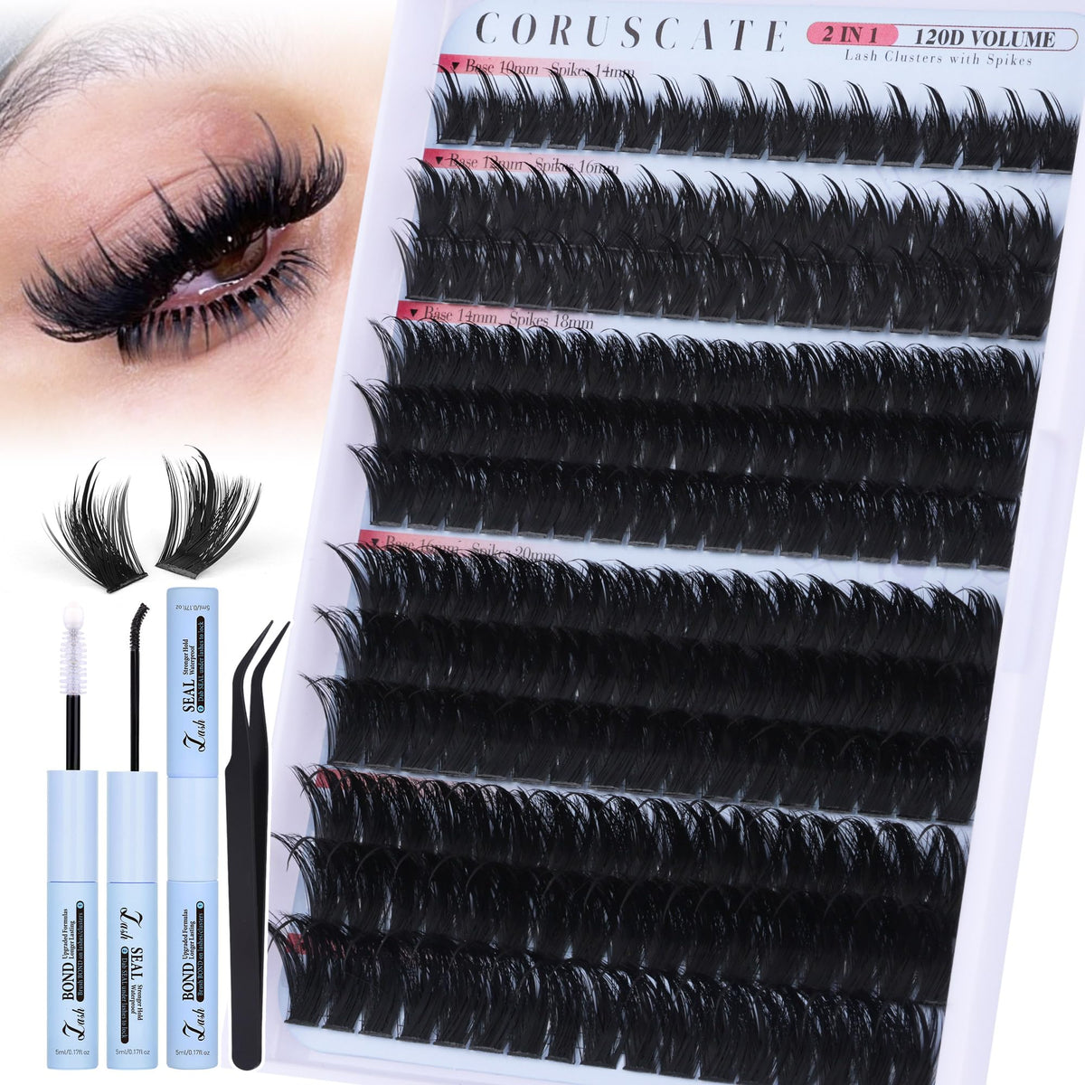CORUSCATE Spiky Lash Clusters Kit front view with various lash sizes