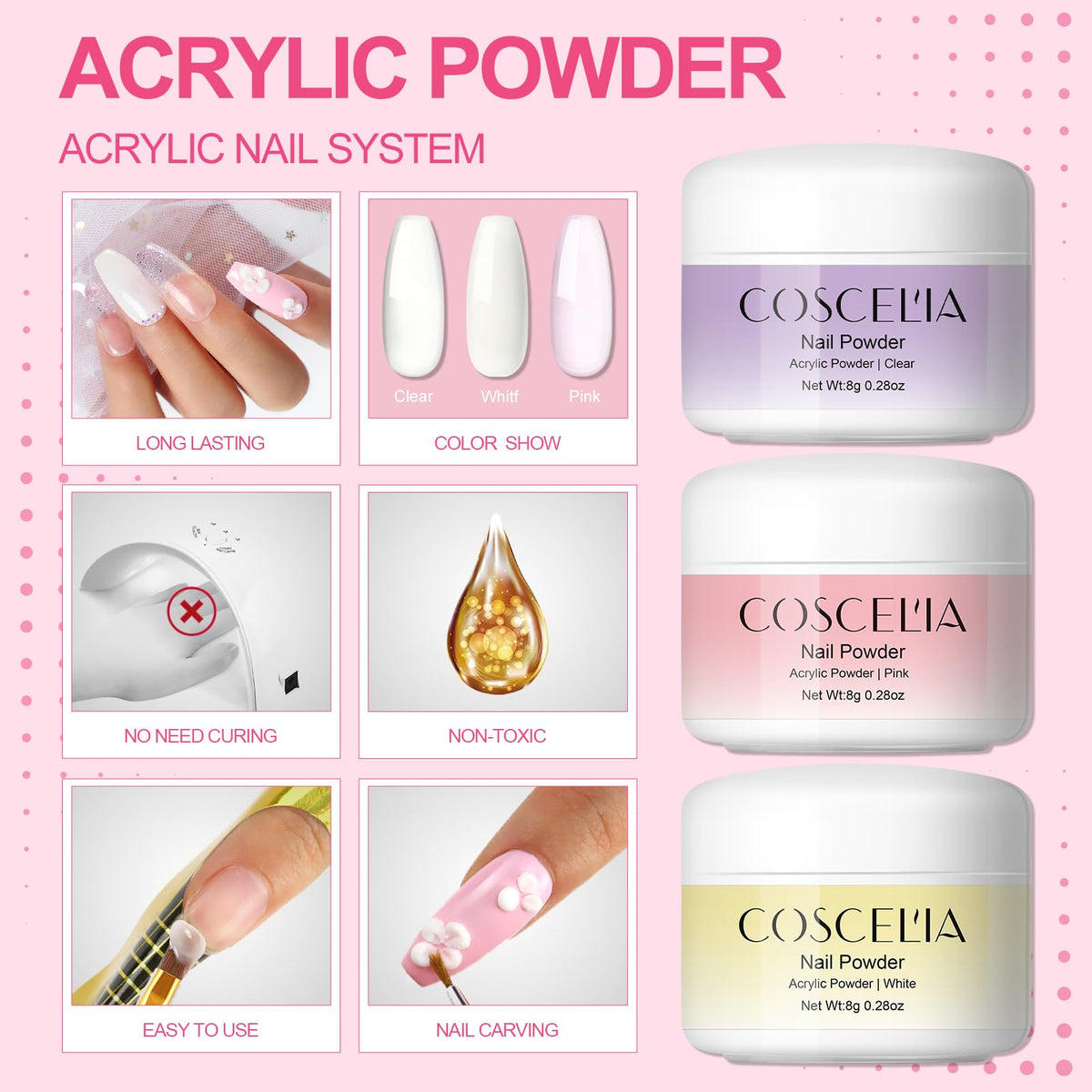 COSCELIA acrylic powders in clear, pink, and white