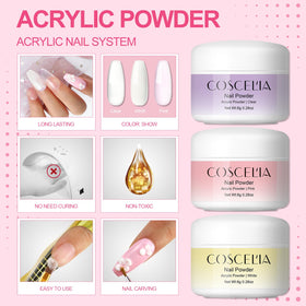 COSCELIA acrylic powders in clear, pink, and white