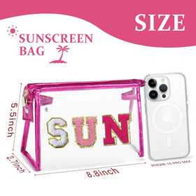 COSHAYSOO clear makeup bag open showing sunscreen bottles inside