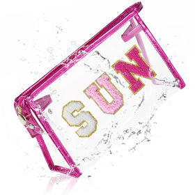 COSHAYSOO clear makeup bag with pink chenille SUN patches front view