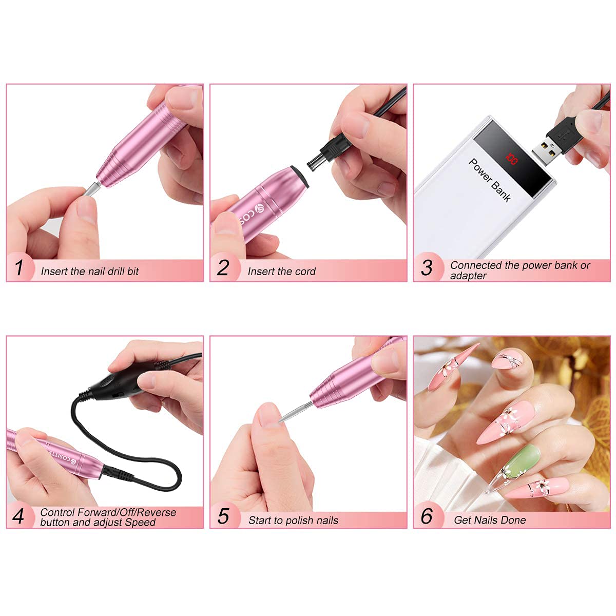 COSITTE Electric Nail Drill with 3/32 inch bits and sanding bands