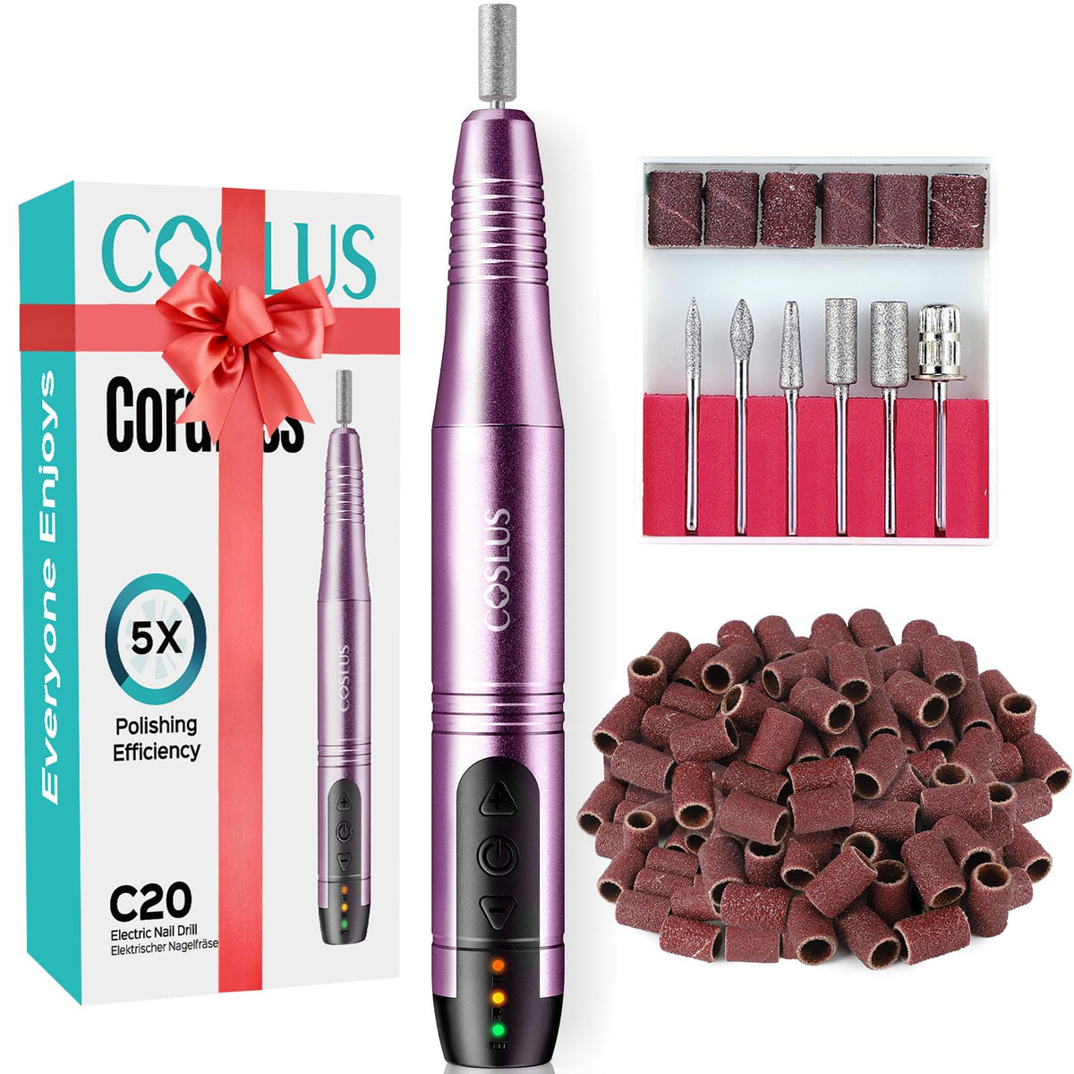 COSLUS C20 Cordless Nail Drill front view with adjustable speed settings