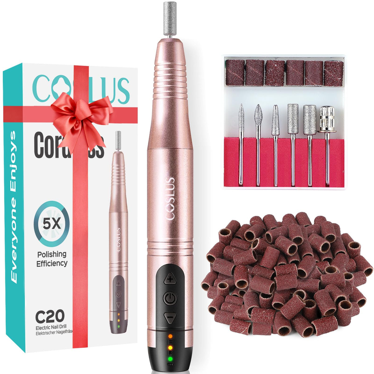 COSLUS C20 Cordless Nail Drill front view with bits