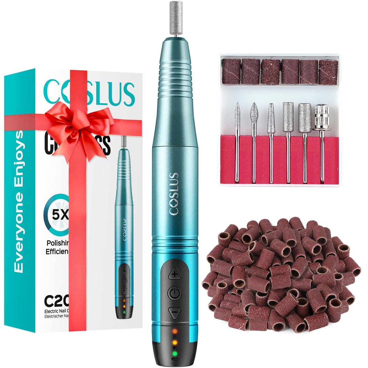 COSLUS C20 Cordless Nail Drill front view with professional grinder bits
