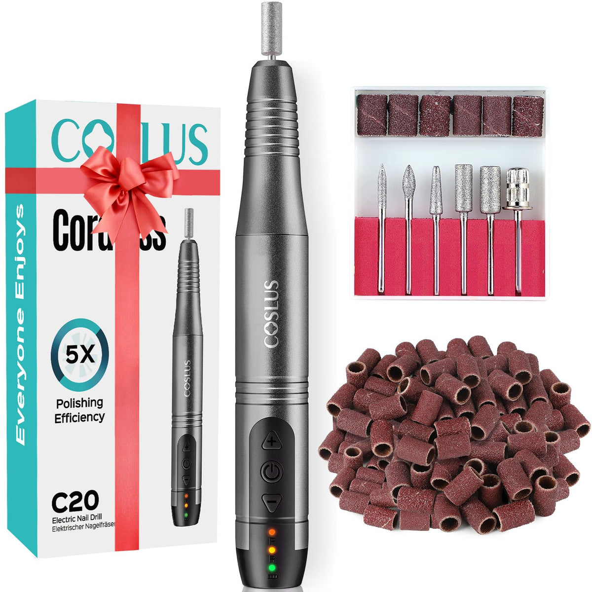 COSLUS C20 cordless nail drill kit front view with drill bits
