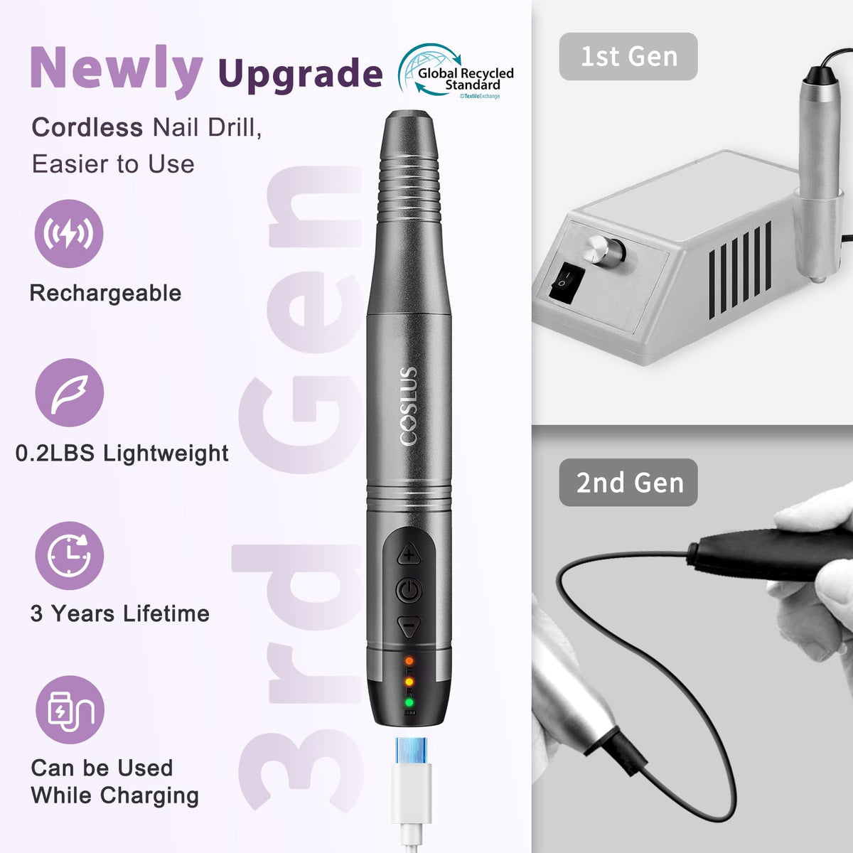 COSLUS C20 cordless nail drill showing adjustable speed settings