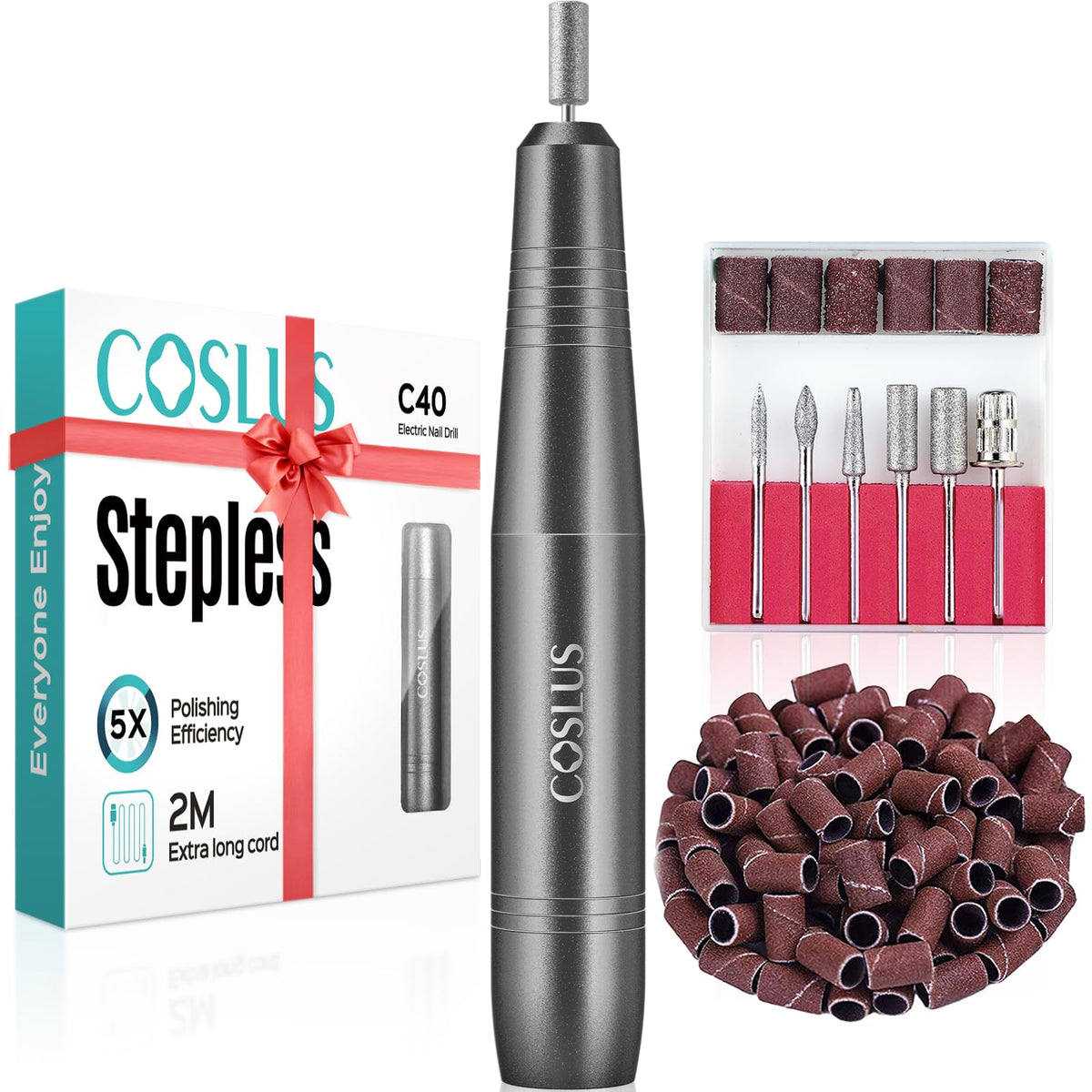 COSLUS C40 Electric Nail Drill Kit front view with drill bits