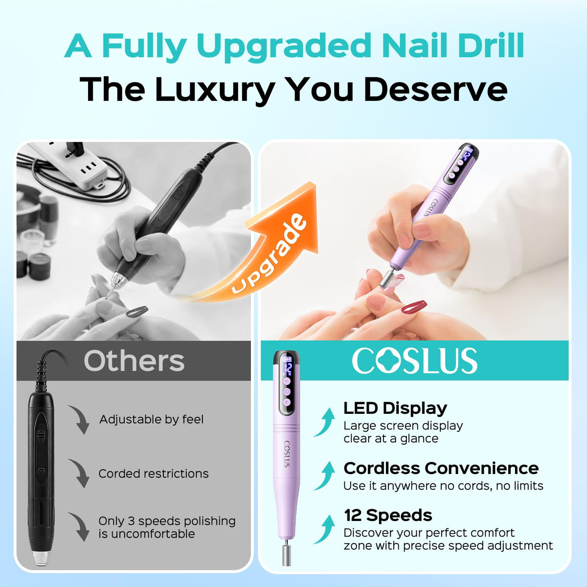 COSLUS C50 nail drill showing adjustable speed settings