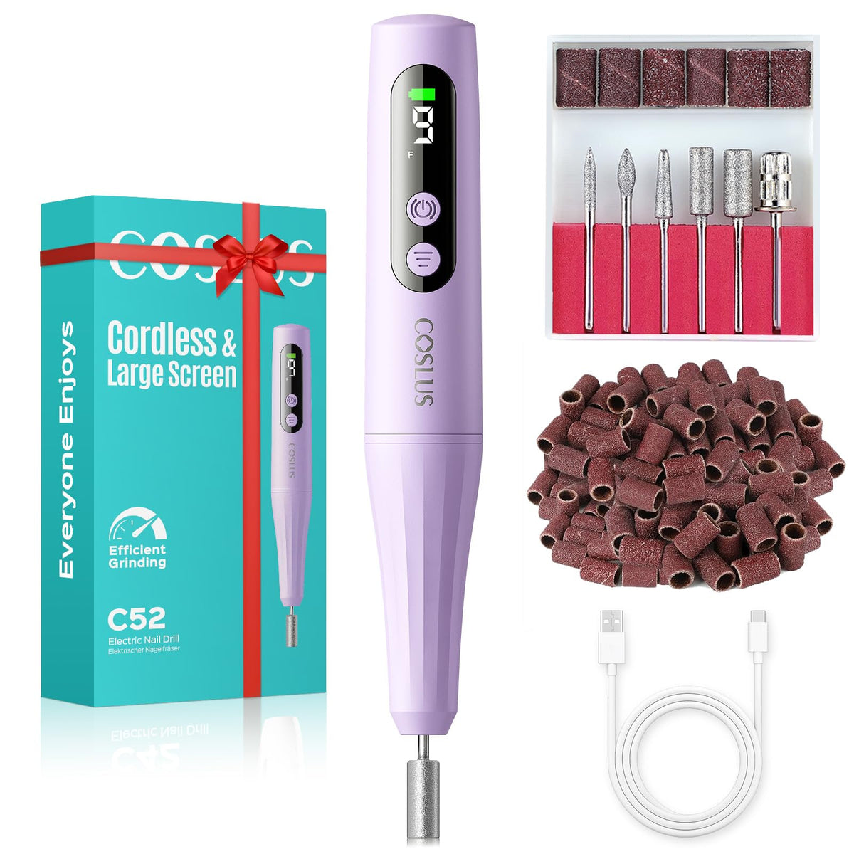 COSLUS C52 cordless nail drill front view with LED screen