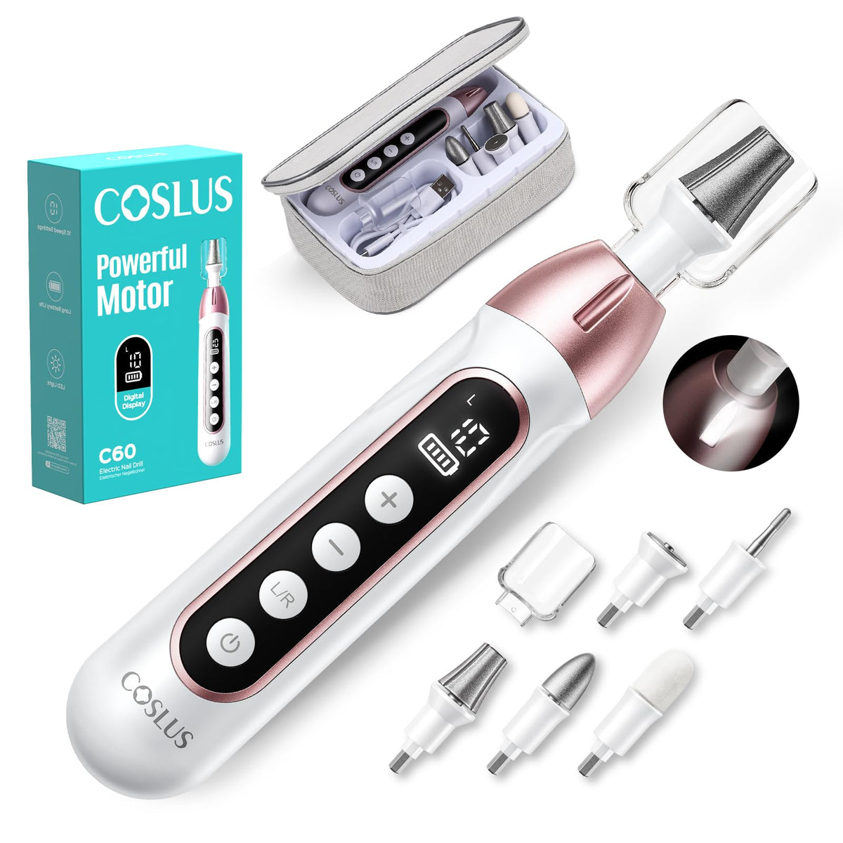 COSLUS C60 Professional Pedicure Kit front view with LCD display