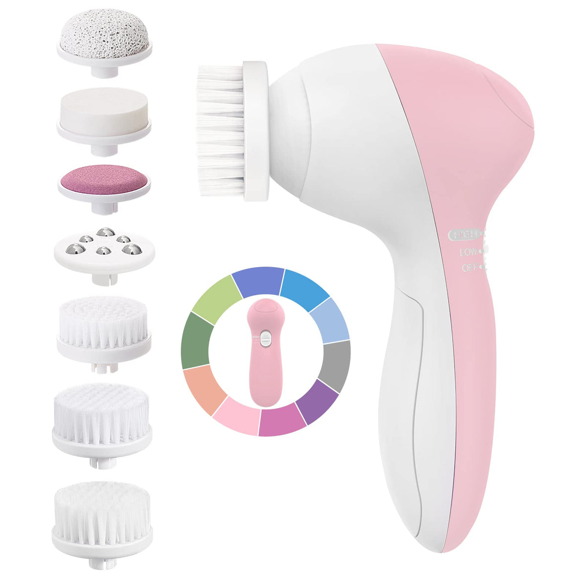 COSLUS Facial Cleansing Brush front view with 7 brush heads