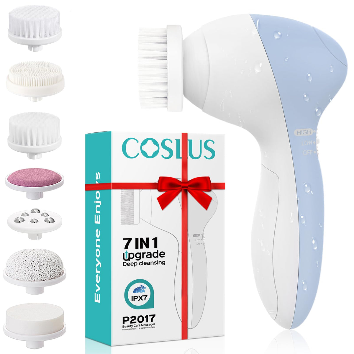 COSLUS Facial Cleansing Brush front view with multiple brush heads