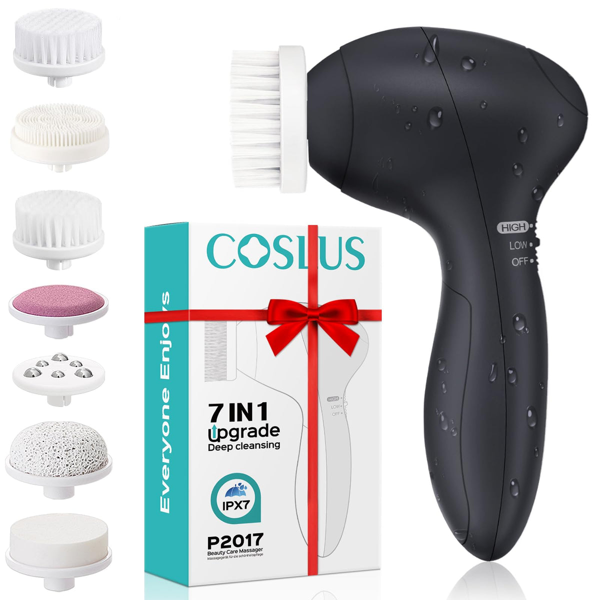 COSLUS Facial Cleansing Brush front view with multiple brush heads