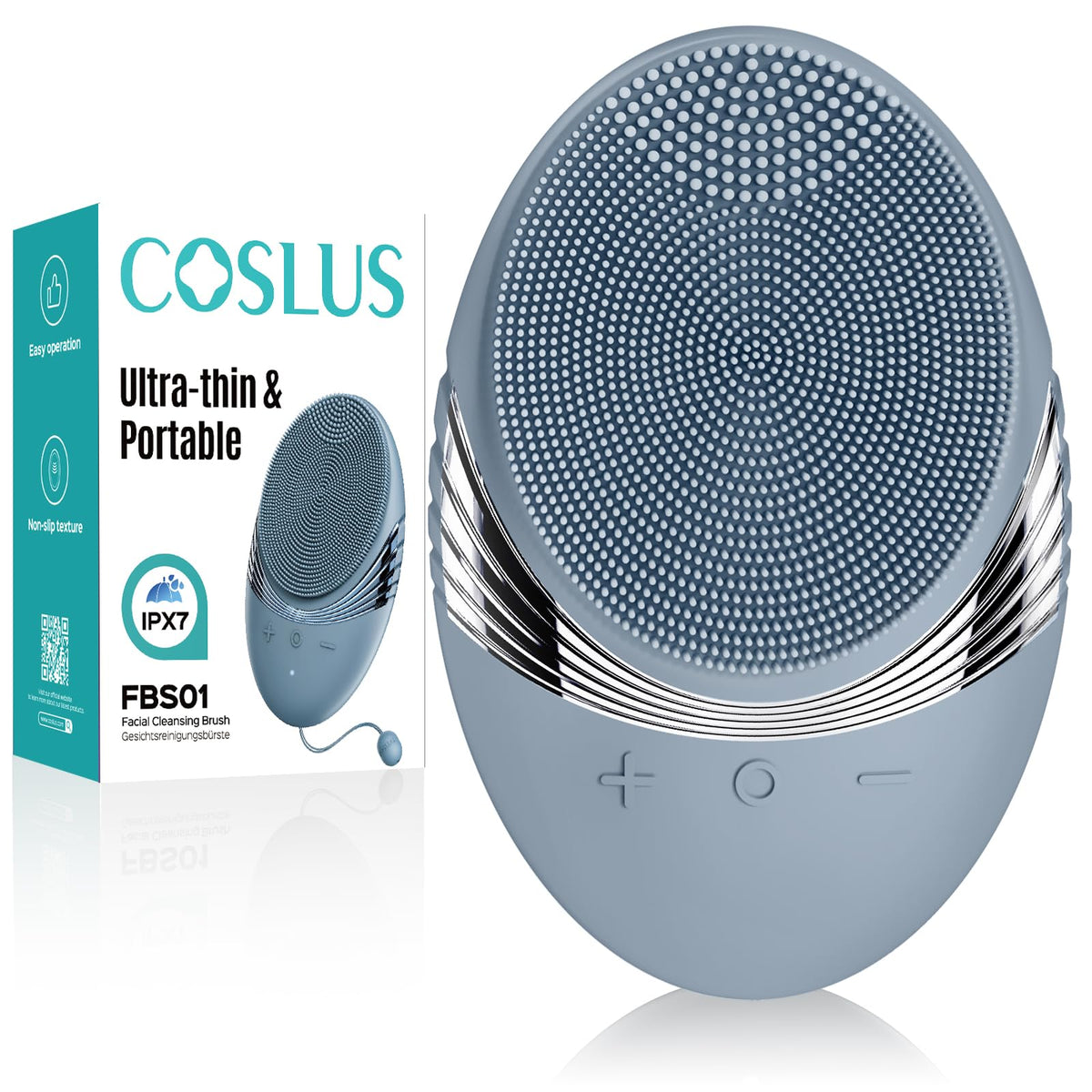 COSLUS Facial Cleansing Brush front view with silicone bristles
