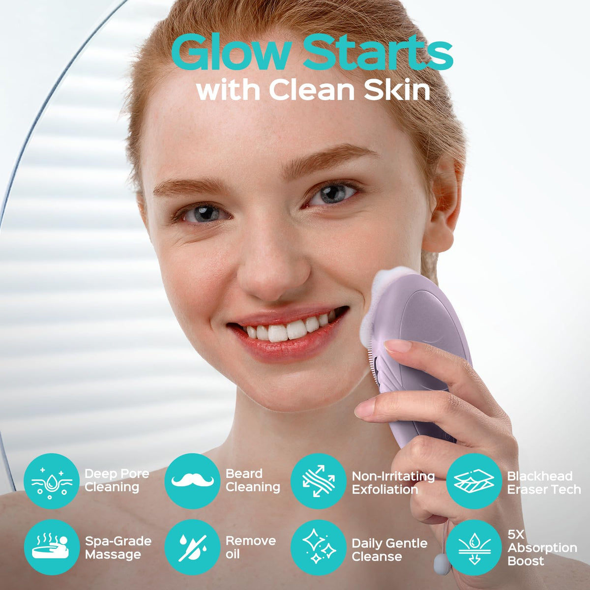 COSLUS Facial Cleansing Brush showing 5 cleaning modes