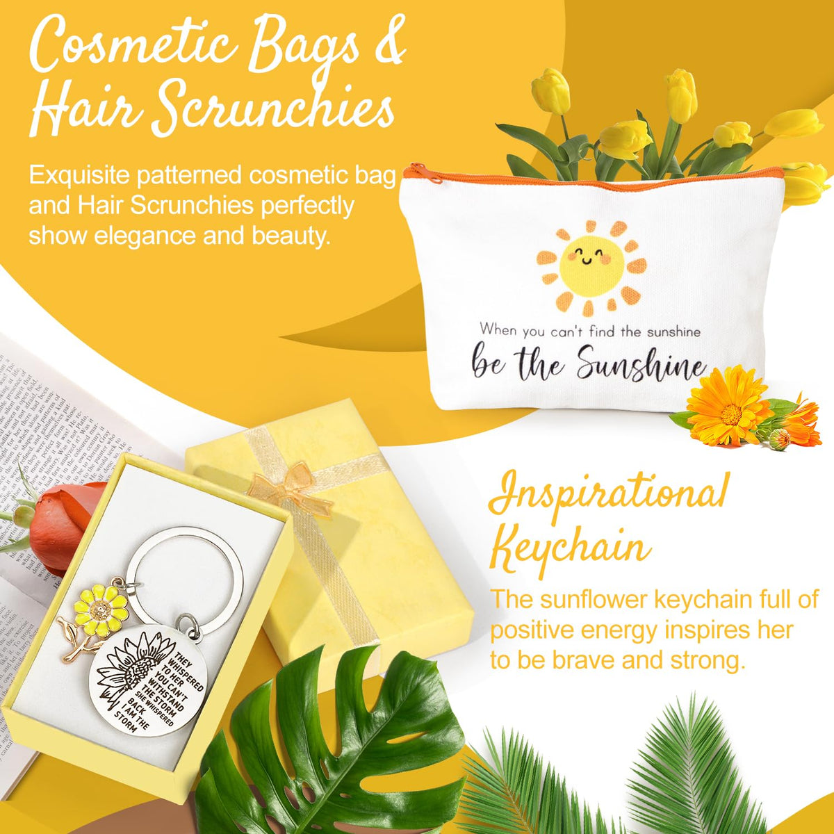 Cosmetic bag with sun patterns and inspirational quote