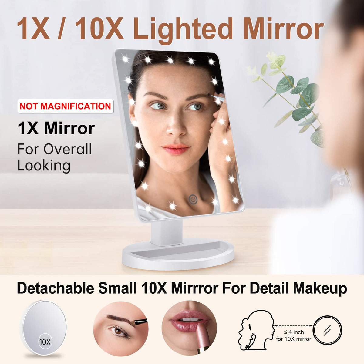 COSMIRROR lighted makeup mirror showing 10X magnification feature