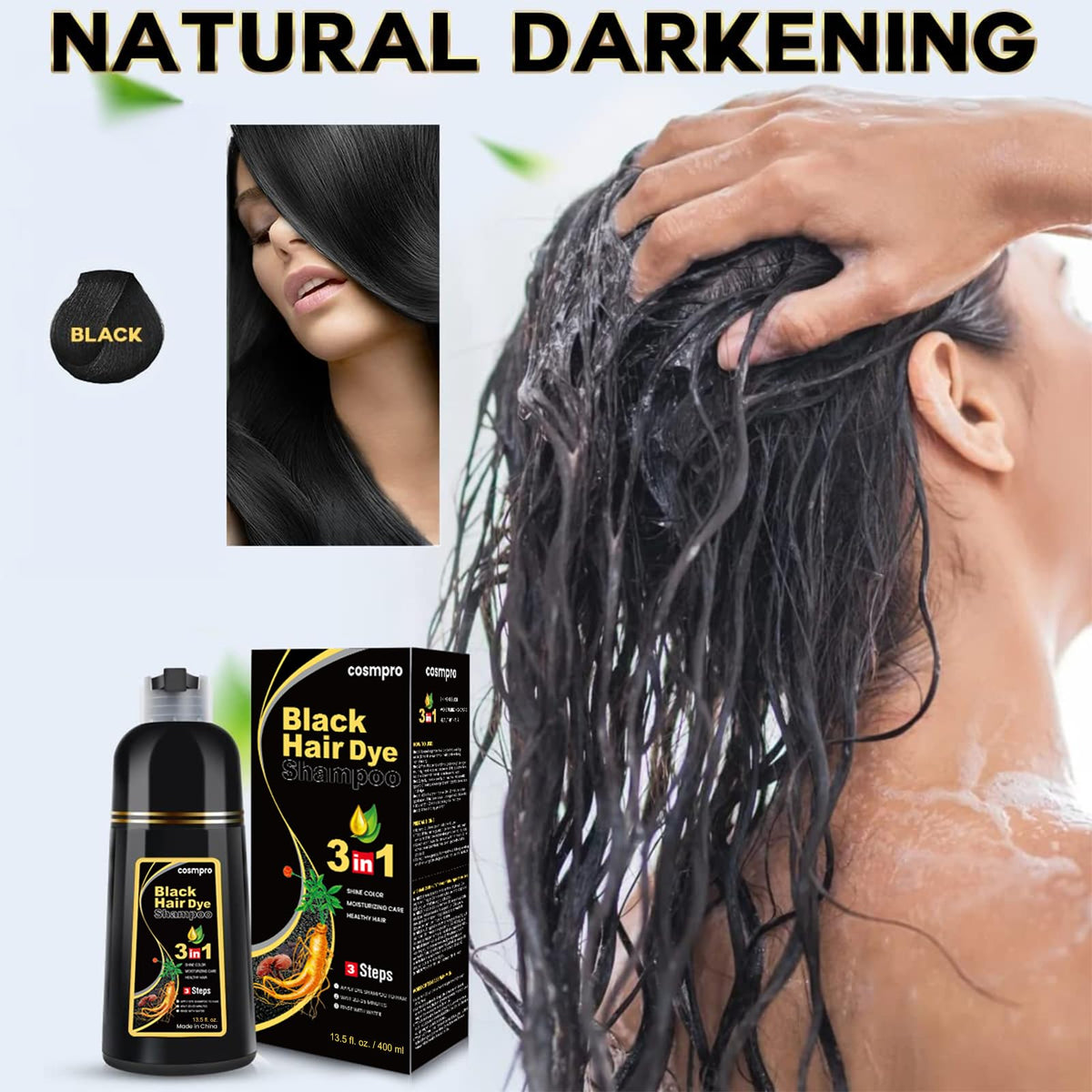 cosmpro Black Hair Dye Shampoo 590g back view