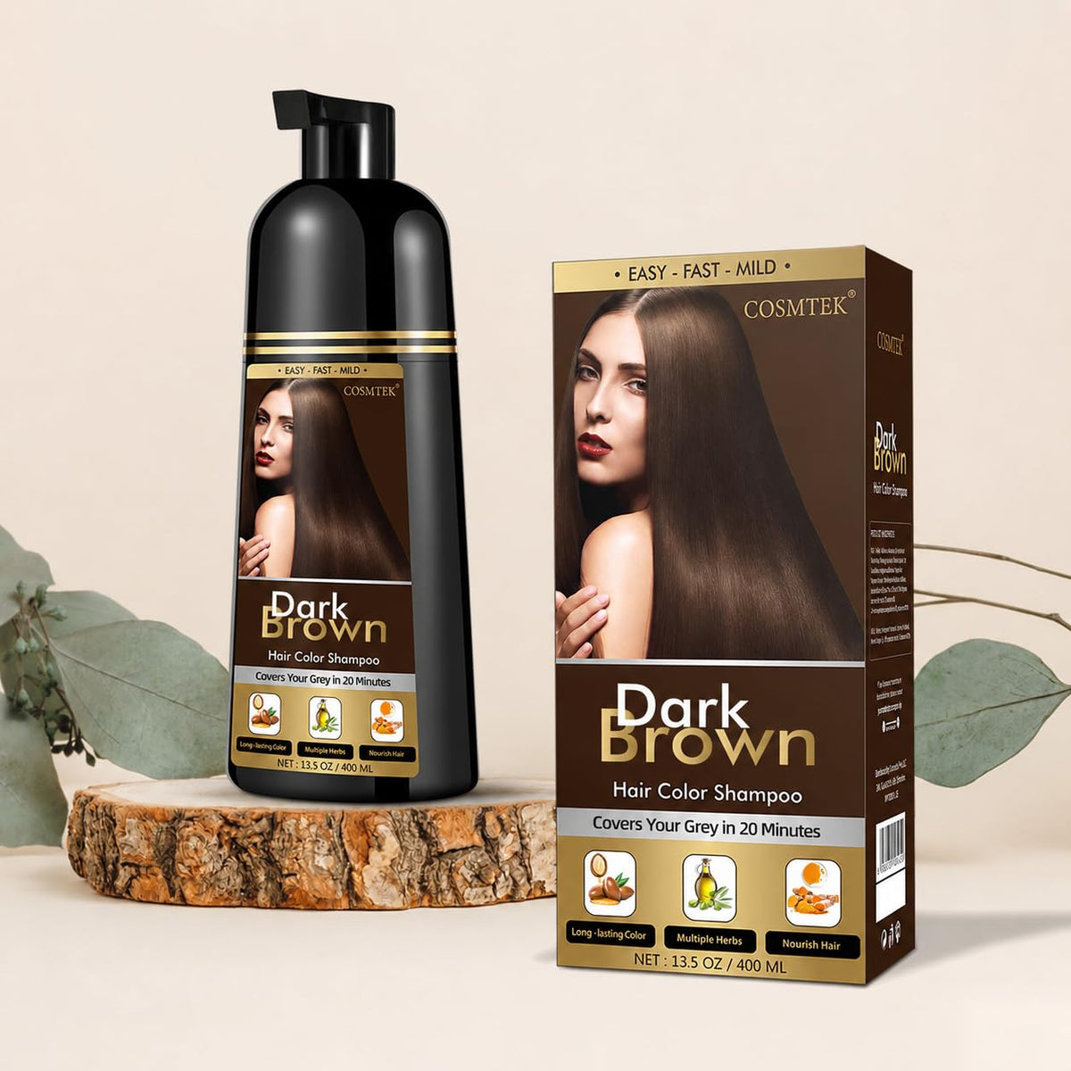 COSMTEK Dark Brown Hair Dye Shampoo 590g packaging details