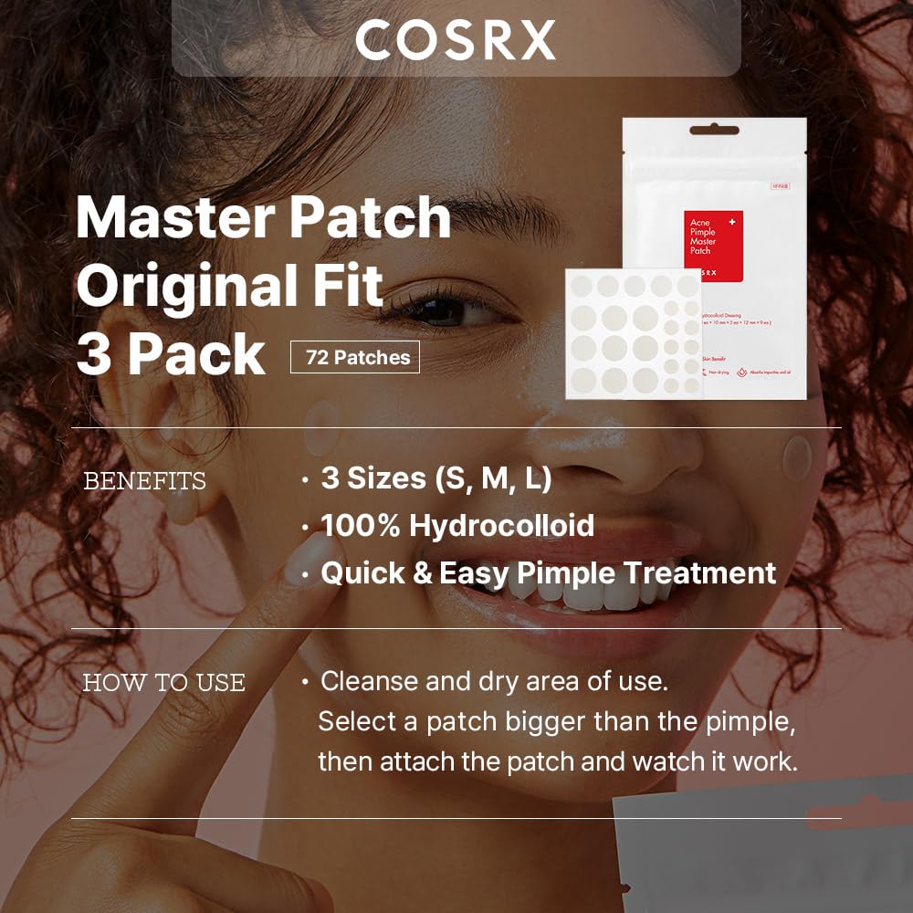 COSRX Acne Pimple Patches showing three sizes: Small, Medium, Large