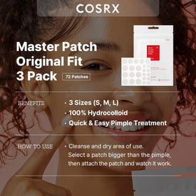COSRX Acne Pimple Patches showing three sizes: Small, Medium, Large