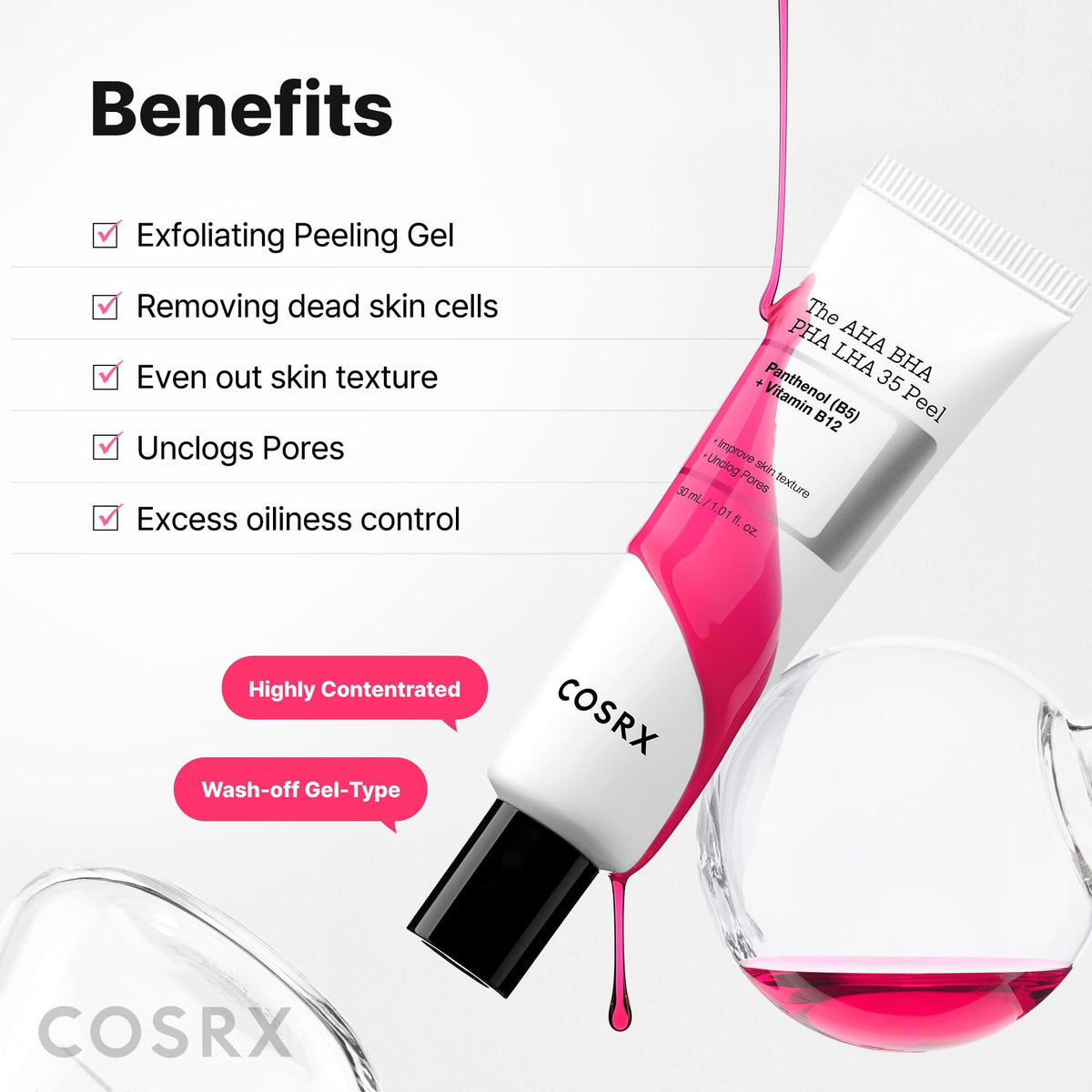 COSRX AHA BHA PHA LHA 35% Peel Exfoliating Gel application on skin