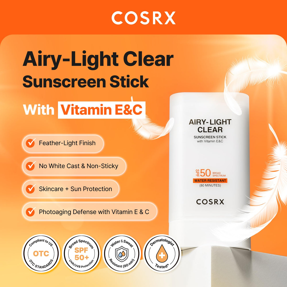 COSRX Airy-Light Clear Sunscreen Stick showing SPF 50 label