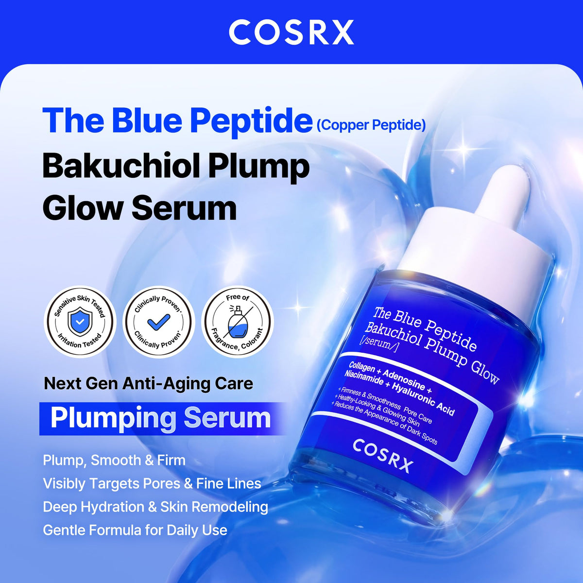 COSRX The Blue Copper Peptide Bakuchiol Serum bottle with dropper